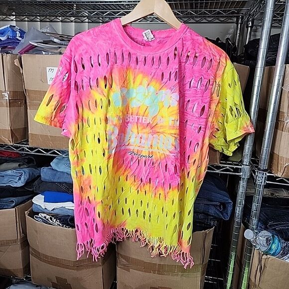 It's Better In The Bahamas‎ Freeport Spiral Tie Dye Fray Upcycle Rare T-Shirt XL - Picture 16 of 16